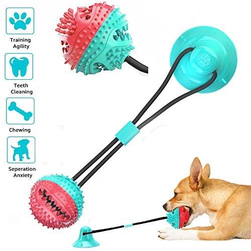 ALAIX New Dog Ropes Toy, Multifunction Pet Molar Bite Toy,Self-Playing Rubber Ball Toy with Suction Cup, Molar Chew Toy Toothbrush Puppy Dental Care Accessory Nontoxic Natural