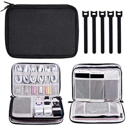 Electronics Organizer, Travel Cable Storage Bag Electronic Gadgets Accessories Case for Charging Cable, Cable Cord, Cell Phone, Hard Drives- Including 5 Pcs Reusable Fastening Cable Ties