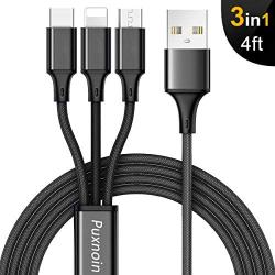 Multi Charging Cable, 4Ft 3 in 1 Premium Nylon Braided Multiple USB Charging Cord Type C/Micro USB Connector Compatible Phone 7Plus/Galaxy S8 More(Black)