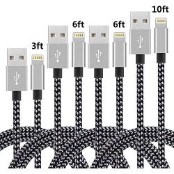 Phone Cable 4pcs 3FT 6FT 6FT 10FT Nylon Braided Cord Charger Compatible with PhoneX/Phone8/8Plus/7/7Plus/6/6s/6Plus and More(Black+Gray)