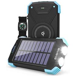 Solar Power Bank, Qi Portable Charger 10,000mAh External Battery Pack Type C Input Port Dual Flashlight, Compass, Solar Panel Charging(Light Blue)