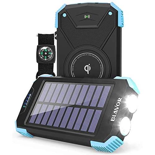 Solar Power Bank, Qi Portable Charger 10,000mAh External Battery Pack Type C Input Port Dual Flashlight, Compass, Solar Panel Charging(Light Blue)