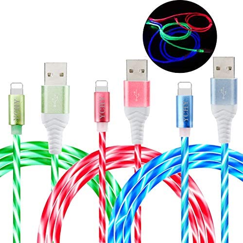YICHUMY 3 Packs Led Flowing Phone Charging Cable Glow in The Dark USB Charger Cable Compatible with Phone 11 Pro Max/XR/XS MAX/X/Phone 8 Plus/7 Plus/LED Visible Flowing Charging Cord (Blue/Green/Red)