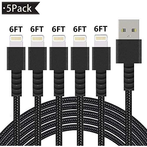 iPhone Lightning Cable SHARLLEN iPhone Charger Cable Cord Nylon Braided 5 Pack 6FT Long USB Fast iPhone Charging Cord iPhone Data Cable Wire Compatible iPhone 11/XS/Max/XR/X/8/8P/7/7P/6/iPad (Black)