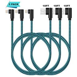 iPhone Charger 90 Degree 10ft 3 Pack Lightning Cable Braided Right Angle Charging Cord Compatible with iPhone Xs Max 8 7 Plus 6 iPad (Blue,10 Foot)