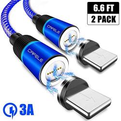 Magnetic Phone Charger for iOS Devices, CAFELE 2 Pack 6.6ft Magnetic Charging Cable with Led Light, 3.0A Nylon Braided Magnet USB Cord Support Data Trasfer for Phone Xs/Max/XR/X/8/8Plus/More (Blue)