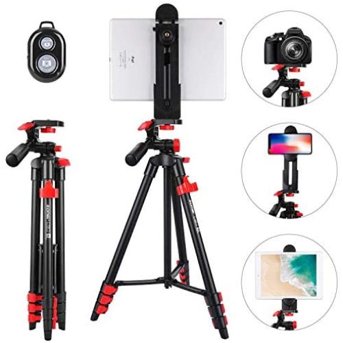 Tablet Tripod 53 inch iPad Tripod Aluminum Smartphone Tripod for iPhone iPad Pro Camera Mobile Phone Lightweight Travel Selfie Stand Tripod Black