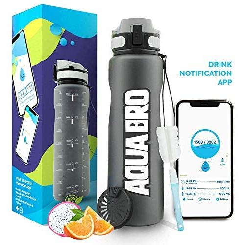 Aquabro Motivational Water Bottle 32 ounce | Drink Reminder APP | Time Marker 1 Liter Leakproof Fruit Infuser Non-Toxic for Sports