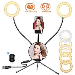 SICCOO Ring light,protect eyes and reduce visual fatigue, double ring light with mirror on desktop 5 inch 3200-6500K, Dimmable makeup light for Live Streaming/Youtube Video/Vlogging/Selfie/Photography