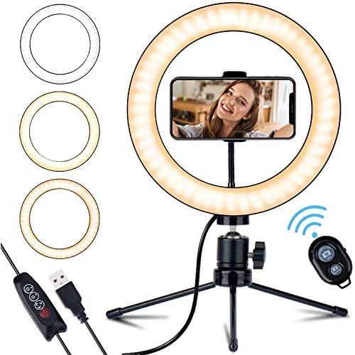 10 Ring Light with Stand and Phone Holder, Dimmable LED RingLight Kit USB Desktop Lamp for Live Stream/Makeup/YouTube Video/Selfie Shooting/Camera -Metal Body and Brighter LED Chips