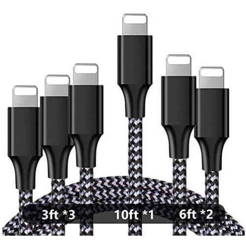iPhone Charger,Aqualief Lightning Cable 3/3/3/6/6/10FT 6Pack Nylon Braided USB Charging Cable Compatible with iPhone 11/11 Pro Max/XS MAX/XR/XS/X/8/7/Plus/6S/iPad