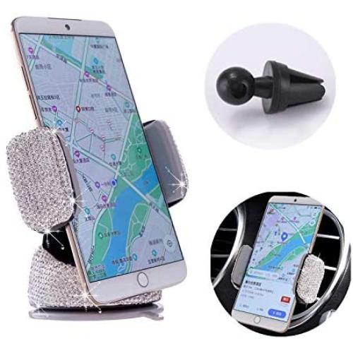 Bling Crystal Car Phone Mount with One More Air Vent Base, Universal Cell Phone Holder for Dashboard,Windshield and Air Vent. (Sliver)