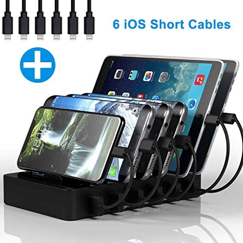 Charging Station for Multiple Devices MSTJRY 6 Port USB Charging Dock Station for Cell Phone Tablets (Black, 6 Cables Included)