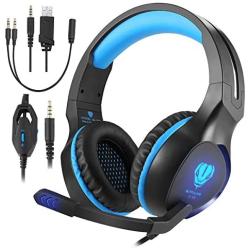 Butfulake Gaming Headset for Xbox One PS4 PlayStation 4 Nintendo Switch PC Smartphone, 3.5mm Stereo Gaming Sound Over-Ear Headphones Noise Cancelling with Mic and LED Light, Blue