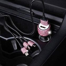 Bling USB Car Charger 5V/2.1A Pink Crystal Decoration Dual Port Fast Adapter with 3.9ft Nylon Type C/Micro USB 3-in-1 Multi Charging Cable for iPhone iPad Android, Car Interior Accessories for Women