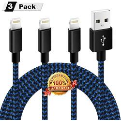 iPhone Charger, MFi Certified Lightning Cable 3 Pack 10FT Extra Long Nylon Braided USB Charging & Syncing Cord Compatible with iPhone 11/11Pro/XS/XR/X/8/8 Plus/7/7Plus/6S/6/iPad/Nano(Blue Black)