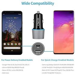 Rapid Type C Car Charger, Compatible for Google Pixel 4a/4/3a/3/2/XL, Galaxy S20/S10 USB C PD Car Charger with 3ft Type C Cable, 18W Power Delivery& Quick Charge 3.0 Fast Charging Car Adapter-Gray