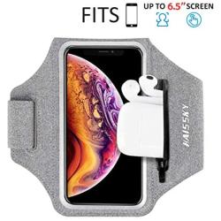 Running Armband with Airpods Bag Cell Phone Armband for iPhone 11/11 Pro/XR/XS/8/7, Water Resistant Sports Phone Holder Case with Touchscreen & Zipper Slot Car Key Holder for 6.5 inches Phone (Grey)