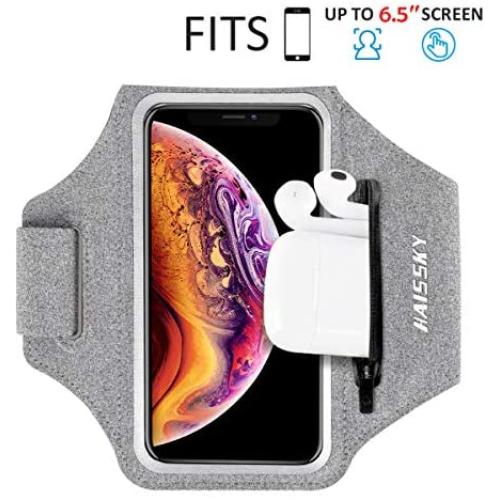 Running Armband with Airpods Bag Cell Phone Armband for iPhone 11/11 Pro/XR/XS/8/7, Water Resistant Sports Phone Holder Case with Touchscreen & Zipper Slot Car Key Holder for 6.5 inches Phone (Grey)