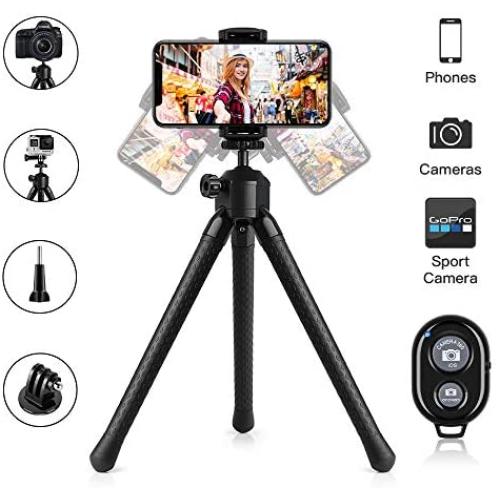 Phone Tripod, YeahWhee Flexible Cell Phone Selfie Stick Tripod Camera Tripod Stand Holder with Bluetooth Remote and Foldable Phone Clip for iPhone, Android Phone, Compatible with Sports Camera Gopro