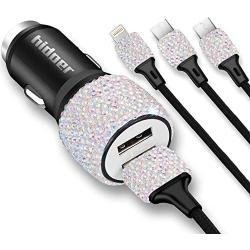 Bling USB Car Charger 5V/2.1A Multicolor Crystal Decor Dual Port Fast Adapter with 3.9ft Nylon Type C/Micro USB 3-in-1 Multi Charging Cable for iPhone iPad Android,Car Interior Accessories for Women