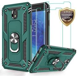 Galaxy J7 2018/J7 Aero/J7 Top/J7 Crown/J7 Aura/J7 Refine/J7 Eon Case with Tempered Glass Screen Protector [2Pack], Jshru Ring Car Mount Kickstand Phone Case for Samsung J7 Star Midnight Green