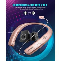 Bluetooth Headphones Speaker 2 in 1,Bluenin Neckband Wireless Headset with Mic Sweatproof Wearable Speaker Bluetooth 5.0 Headphones Retractable Earbuds with Carrying Case (Rose Gold)