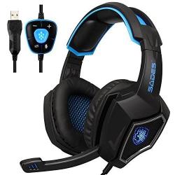 New Updated SADES Spirit Wolf 7.1 Surround Stereo Sound USB ComputerGaming Headset with Microphone,Over-The-Ear Noise Isolating,Breathing LED Light for PC Gamers (Black Blue)