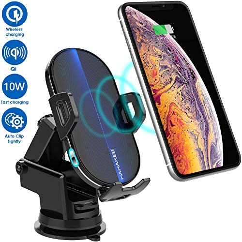 Wireless Car Charger, HAHAKEE Qi Wireless Charger Mount 2 in 1 Auto Clamp 10W Fast Charging Air Vent Cell Phone Holder for iPhone 11 Max XR X 8 Plus, Samsung Galaxy S10 S9 S9+ S8 Note 8 Note 9, LG V30