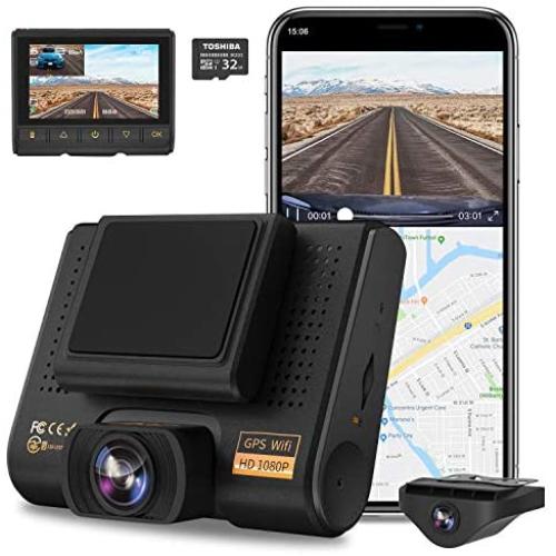 Dual Dash Cam, AQP Full HD 1080P Car Camera Front and Rear for Cars, Dashboard Camera Recorder with GPS & WiFi, Sony Sensor, 170°/ 150°Wide Angle, 3 inch IPS Screen, G-Sensor, WDR, Cycle Recording