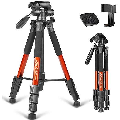 Joilcan 66” Lightweight Camera/Phone Tripod, Aluminum Travel Portable SLR Camera Tripod with Mobile Phone Mount and 2 Quick Release Plate &Carrying Case (Orange)