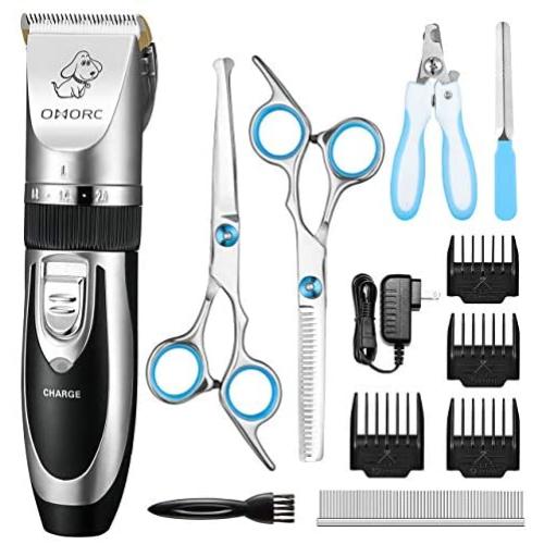 OMORC Dog Clippers, Low Noise Dog Grooming Kit Rechargeable Cordless Dog Shaver Pet Clippers Professional Dog Hair Trimmer with 4 Comb Guides Scissors Nail Kits for Dogs Cats and Other Animals