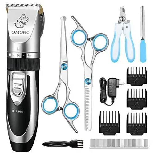 OMORC Dog Clippers, Low Noise Dog Grooming Kit Rechargeable Cordless Dog Shaver Pet Clippers Professional Dog Hair Trimmer with 4 Comb Guides Scissors Nail Kits for Dogs Cats and Other Animals OMORC Dog Clippers, Low Noise Dog Grooming Kit Rechargeable Cordless Dog Shaver Pet Clippers Professional Dog Hair Trimmer with 4 Comb Guides Scissors Nail Kits for Dogs Cats and Other Animals