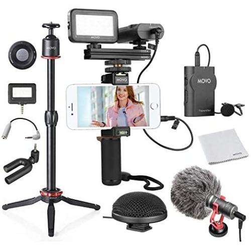 Movo Huge Smartphone Video Kit V8 with Mini Tripod, Grip Rig, Wireless Shotgun Mini and 360° Stereo Microphones, LED Lights, and Remote - for iPhone, Samsung - YouTube, TIK Tok, Vlogging Equipment