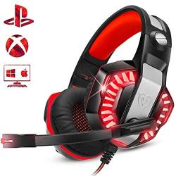 ENVEL Gaming Headset for PS4 with Mic,PC,Xbox One,Laptop,Surround Sound Over Ear Noise Cancelling Headphone with LED Lights Volume Control for Smartphone,Computer,Nintendo Switch(Black&Red)