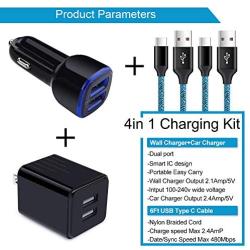 Dual Port Car Charger Adapter + USB Wall Charger Charging Block + 2Pcs 6ft Type C Cable Compatible Samsung Galaxy A10e A20 A50 S10e S10 S9 S8, Note 10/9, LG Stylo 5/4, Google Pixel 3a 4XL, Moto G7 Z4