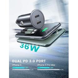 USB C Car Charger, 36W Dual PD 3.0 Port AINOPE Fast Car Charger Mini All Metal Cigarette Lighter Type C Car Adapter Compatible with iPhone 11/11 Pro/XR/Xs/Max, Galaxy S10/S9, Pixel 3/XL, iPad Pro