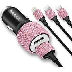 Bling USB Car Charger 5V/2.1A Pink Crystal Decoration Dual Port Fast Adapter with 3.9ft Nylon Type C/Micro USB 3-in-1 Multi Charging Cable for iPhone iPad Android, Car Interior Accessories for Women