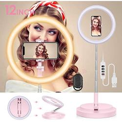 Selfie Ring Light with Stand,12 Inch Foldable LED Ring Light for Phone, 3 Light Modes & 10 Brightness Dimmable Beauty Fill Make Up Light Without Assemble for Live Stream/YouTube Video/Tiktok (Pink)