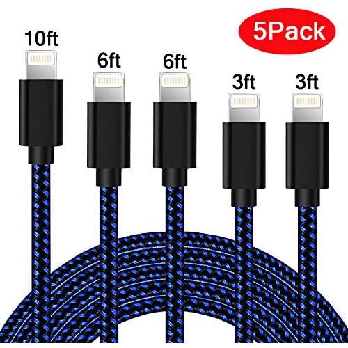 iPhone Charger Cable Lightning Charging Cable Nylon Braided 5 Pack 3FT/6FT/10FT MFI Certified Long USB Cord Fast iPhone Cable Compatible iPhone XS/Max/XR/X/8P/8/7P/7/6S/iPad/iPod/IOS (Black & Blue)