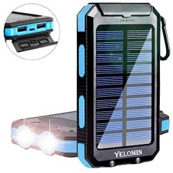 Solar Power Bank,Yelomin 20000mAh Portable Outdoor Mobile Charger,Camping External Backup Battery Pack Dual USB 5V 1A/2A Outputs 2 Led Light Flashlight with Compass