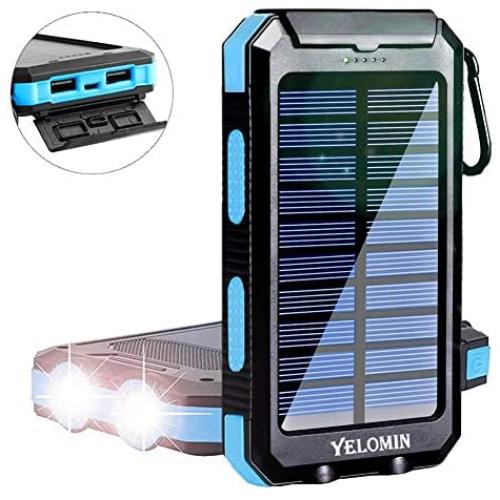 Solar Power Bank,Yelomin 20000mAh Portable Outdoor Mobile Charger,Camping External Backup Battery Pack Dual USB 5V 1A/2A Outputs 2 Led Light Flashlight with Compass