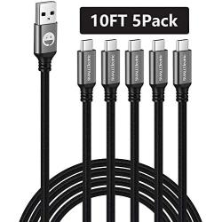 5Pack 10ft USB C Cable, Extra Long USB A to USB-C 10foot Type C Fast Charging Cable Compatible Samsung Galaxy S10 20 9 8 Plus a10e,Braided Rapid Charger Cord for Note 10 9 8,LG V50 V40 G8 G7(Black)