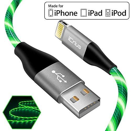 iPhone Charger Cable, [MFi Certified] iCrius 6ft Led Light Up Visible Flowing Lightning Cable Fast Charging Syncing Cord Compatible with iPhone 11 Pro Max XS XR X 8 7 Plus 6S 6 iPad and More(Green)