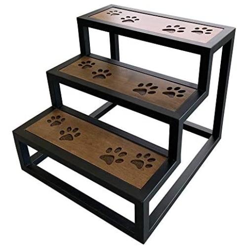 828 Pet Supplies | Black Metal Frame Dog Steps - Acacia Hardwood Slats - Carved Paw Prints - 16 inches Tall - No Assembly Required - Luxurious Pet Stairs