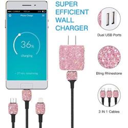 SAVORI Dual USB Wall Charger, Bling Rhinestones Wall Charger Plug Power Adapter with USB 3-in-1 Multi Charging Cable Compatible with iPhone iPad Android Type C Phones (Pink)