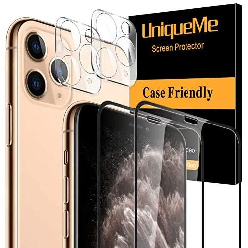 [ 4 Pack ] UniqueMe 2 Pack Tempered Glass Screen Protector +2 Pack Tempered Glass Camera Lens Protector for iPhone 11 Pro 5.8"[Full Coverage]