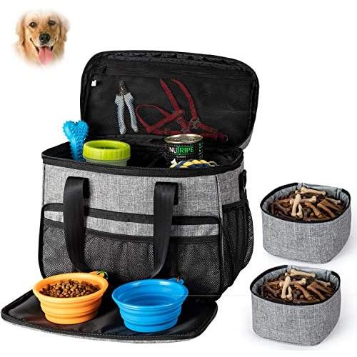Unicreate Dog Travel Bag for Dog -Weekend Tote Organizer Bag for Dogs Travel-Incudes 1xDog Pet Travel Bag,2xDog Food Carrier Bag,2xPet Silicone Collapsible Bowls