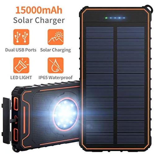 Solar Charger 15000mAh Portable Power Bank with Dual USB Ports Waterproof External Battery Charger with 15 LED Lights for Cell Phone Tablet Camera GPS Camping Outdoors and Emergency