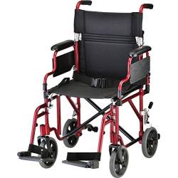 NOVA Medical Products Lightweight Transport Chair with Removable & Flip Up Arms for Easy Transfer, Anti-Tippers Included, Red, 19"